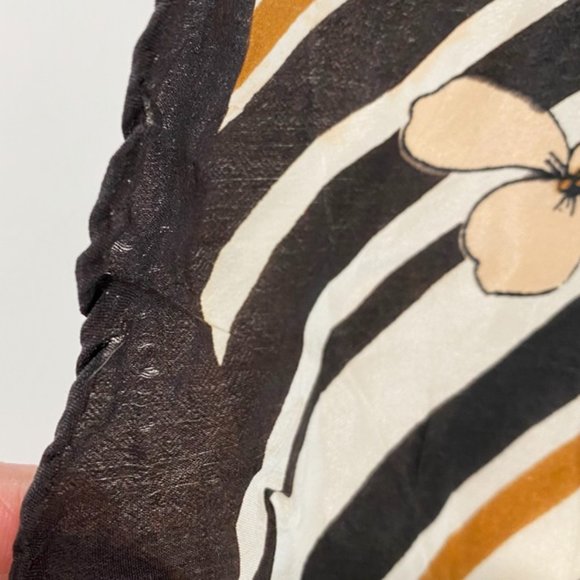 Old 100% Silk Scarf Black Brown Ivory Diagonal Stripe Peach Flowers 30" Square - Picture 4 of 6